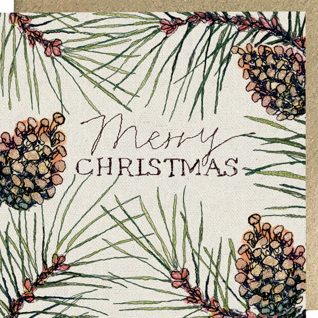 Scots Pine Merry Christmas Embroidery Art Card
