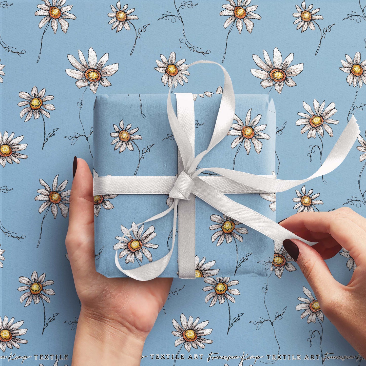Daisy Chain Blue Linen Wrapping Paper