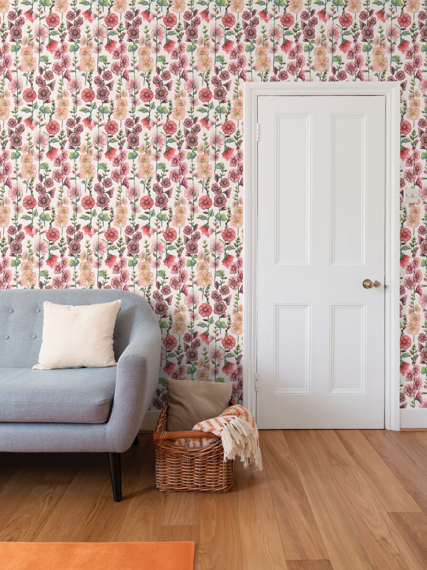 Among The Hollyhocks Wallpaper- Porcelain Rose Linen