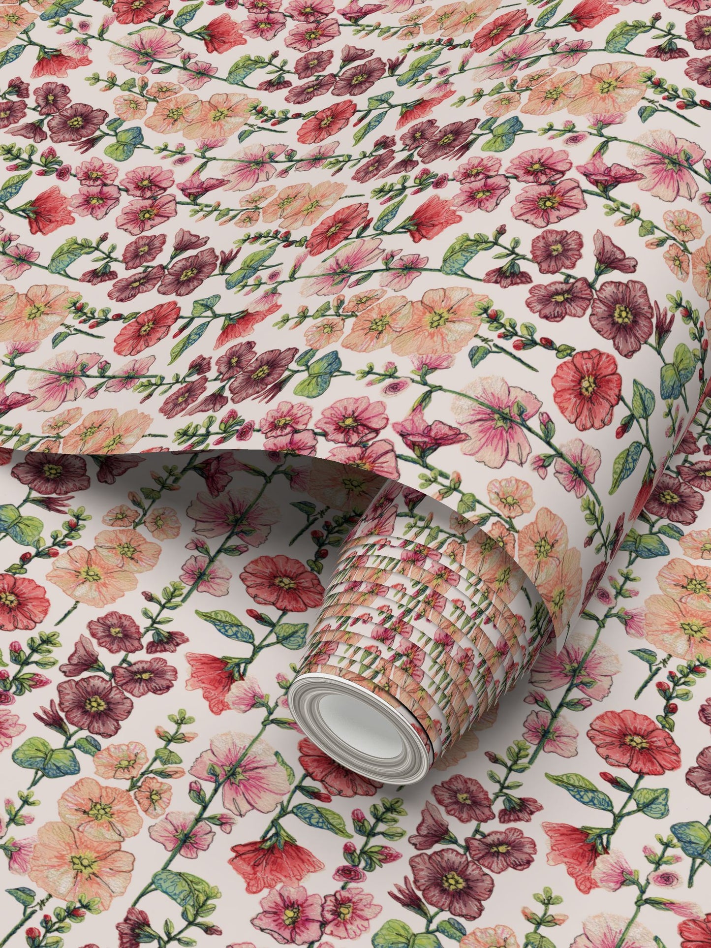 Among The Hollyhocks Wallpaper- Porcelain Rose Linen