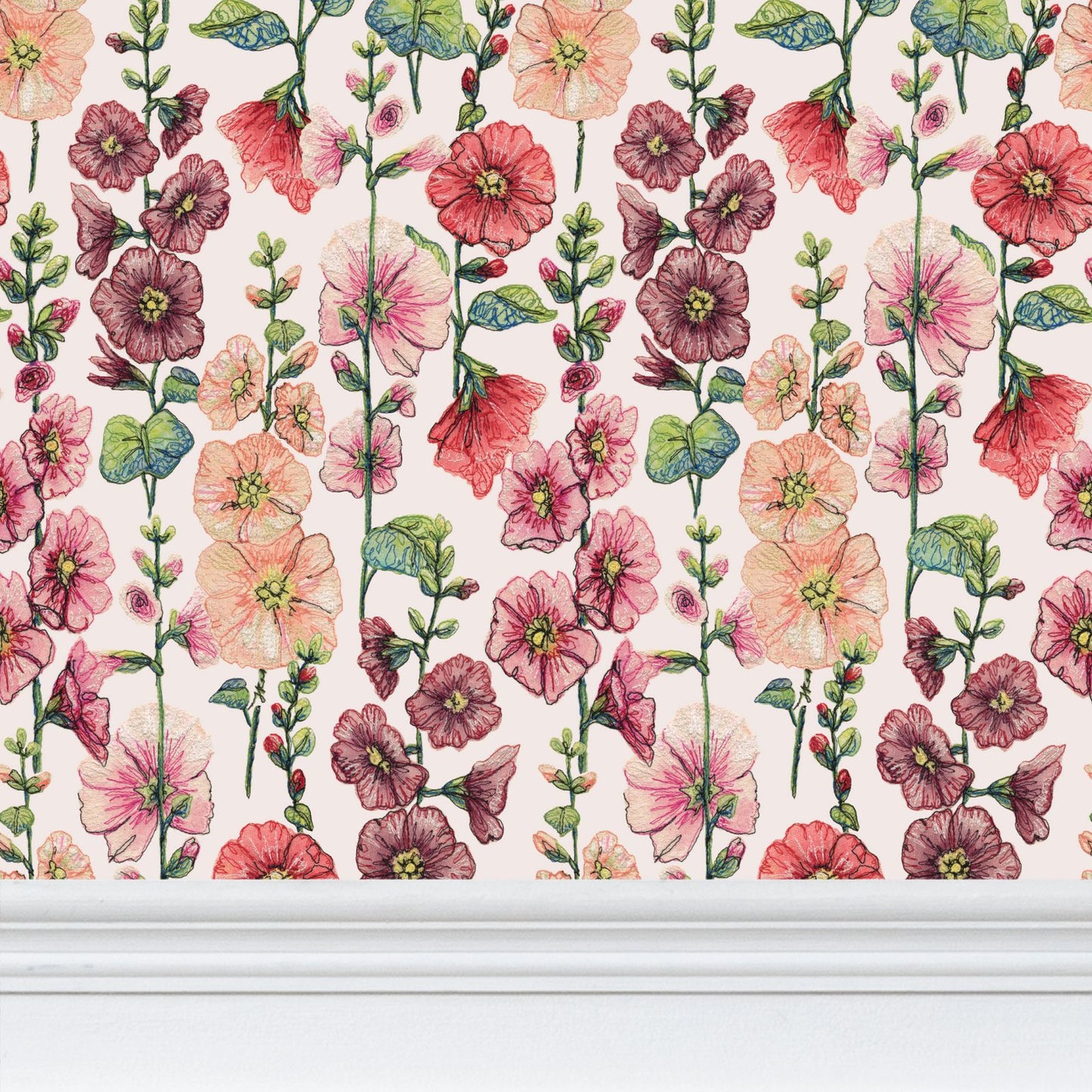 Among The Hollyhocks Wallpaper- Porcelain Rose Linen