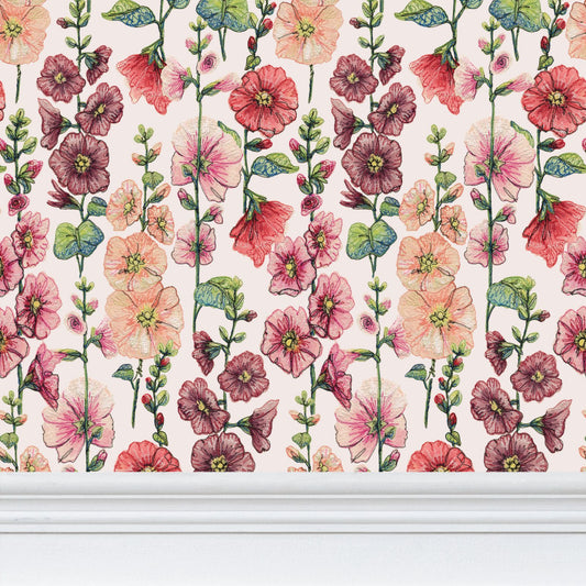 Among The Hollyhocks Wallpaper- Porcelain Rose Linen
