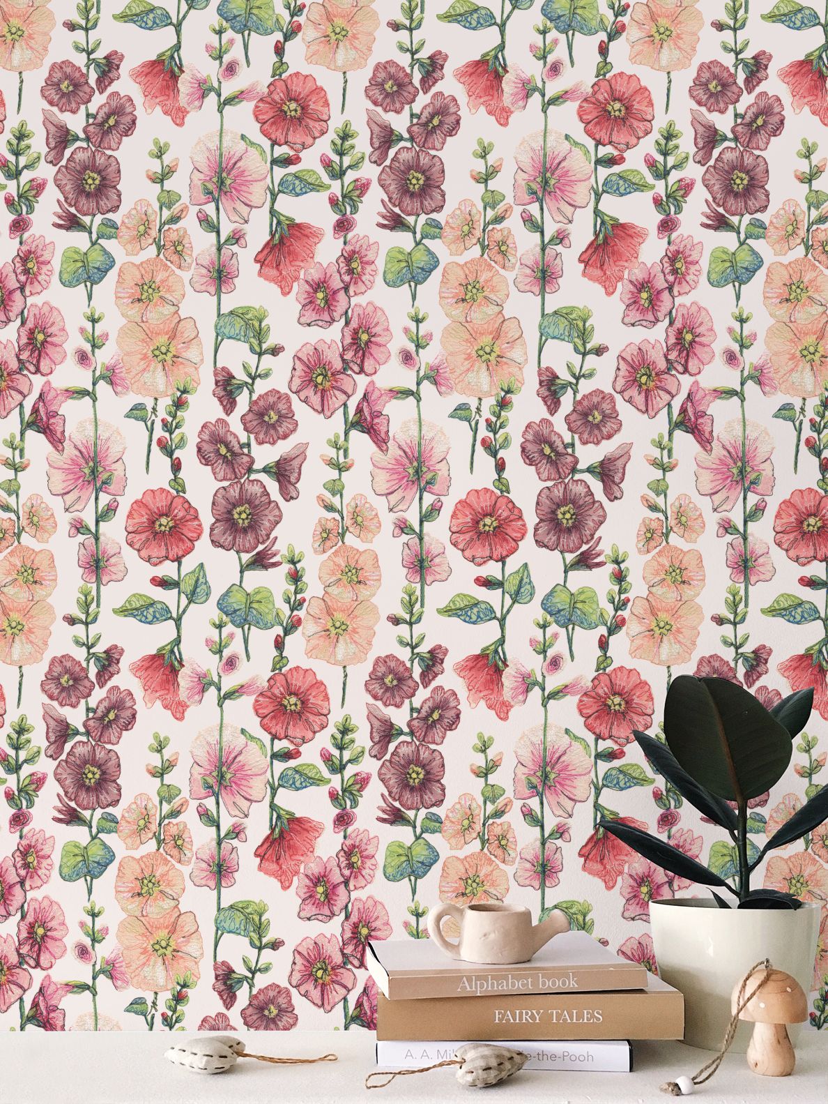 Among The Hollyhocks Wallpaper- Porcelain Rose Linen