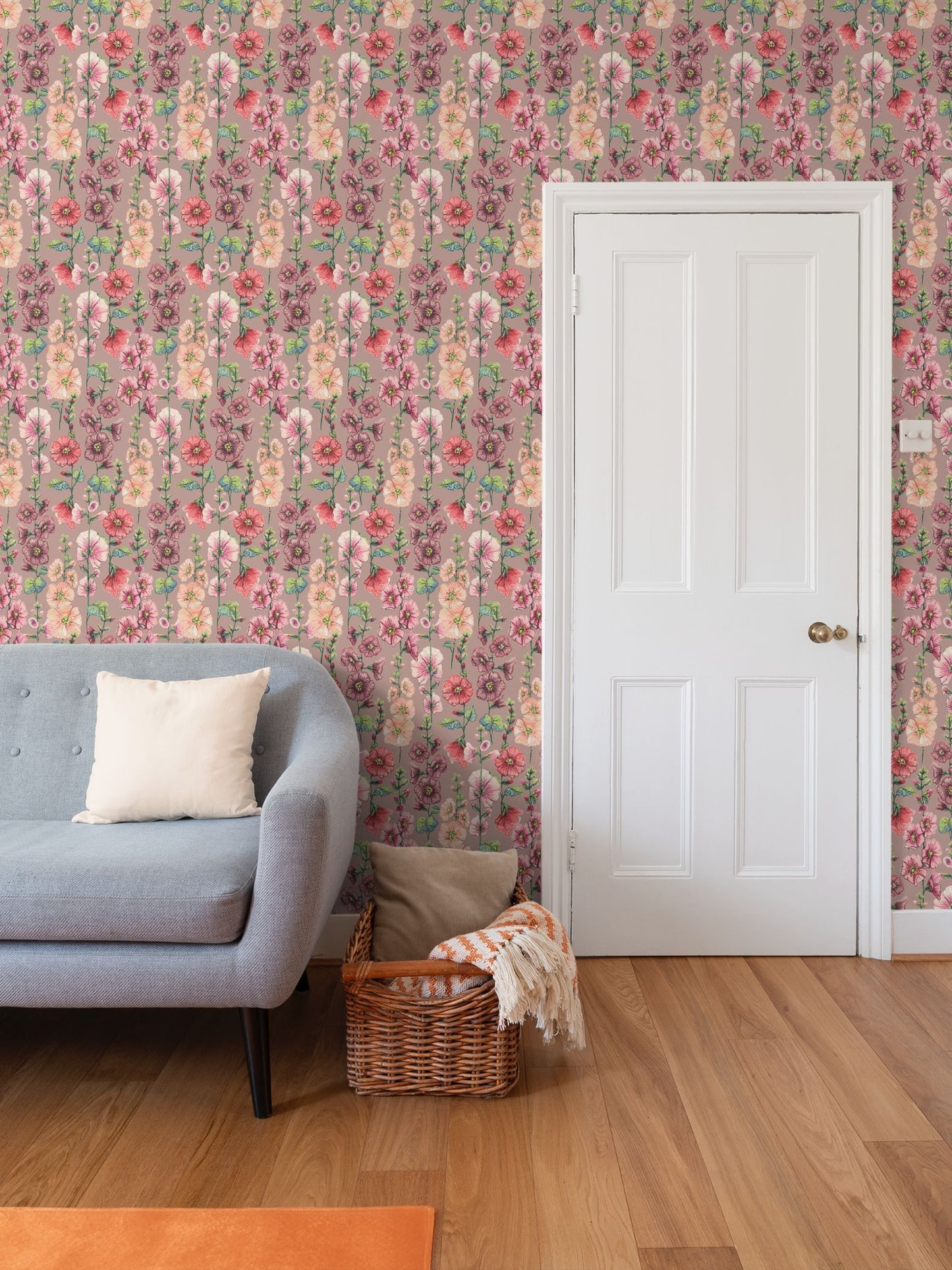 Among The Hollyhocks Wallpaper- Blush Pink Linen