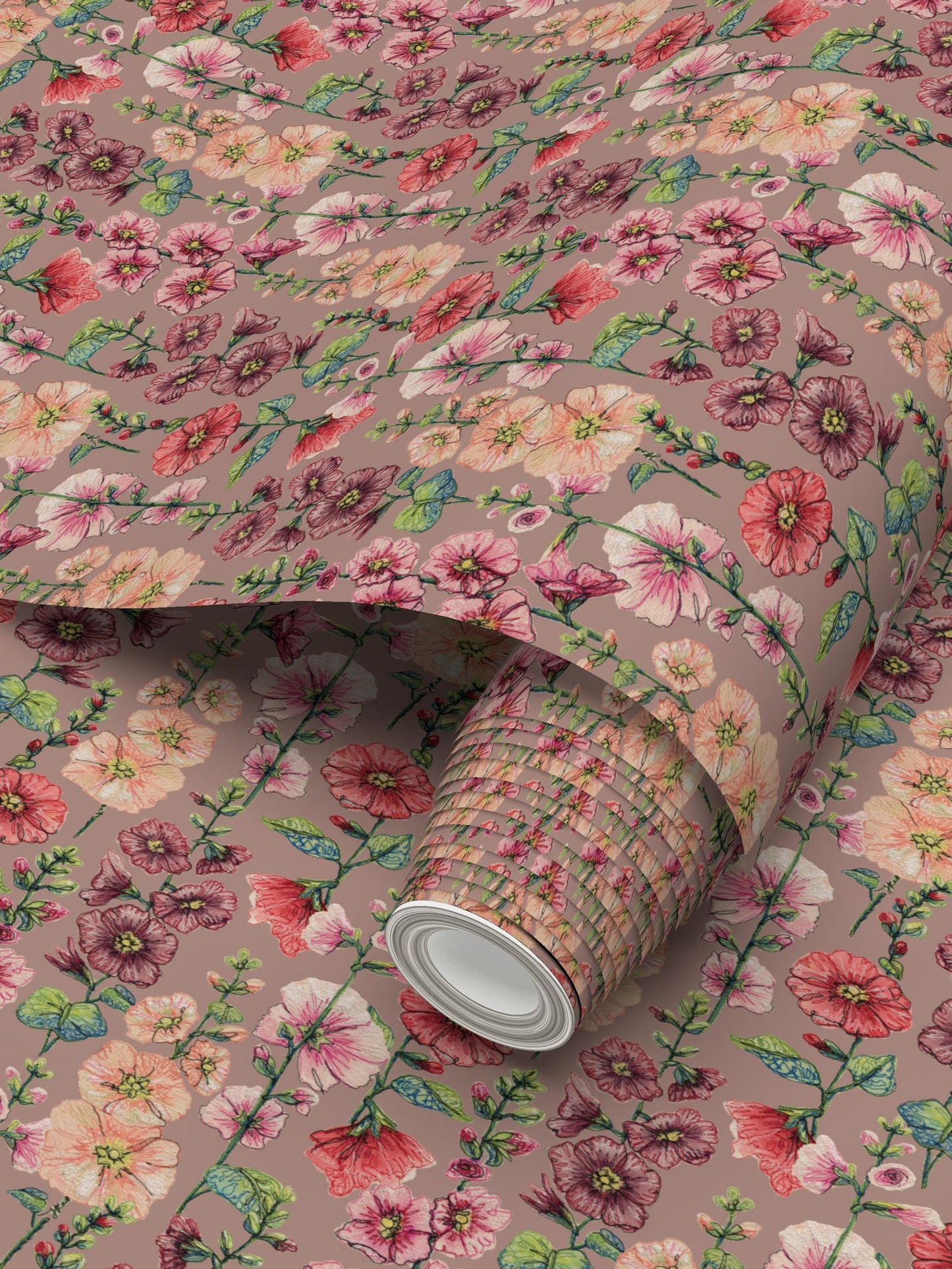 Among The Hollyhocks Wallpaper- Blush Pink Linen