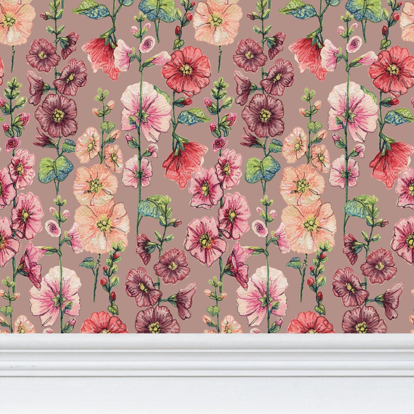 Among The Hollyhocks Wallpaper- Blush Pink Linen