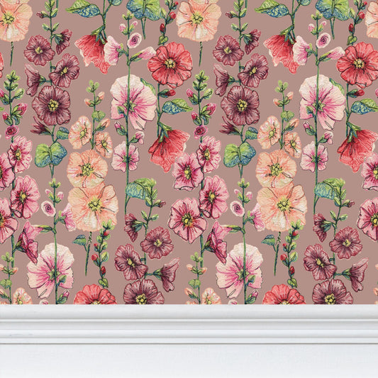 Among The Hollyhocks Wallpaper- Blush Pink Linen