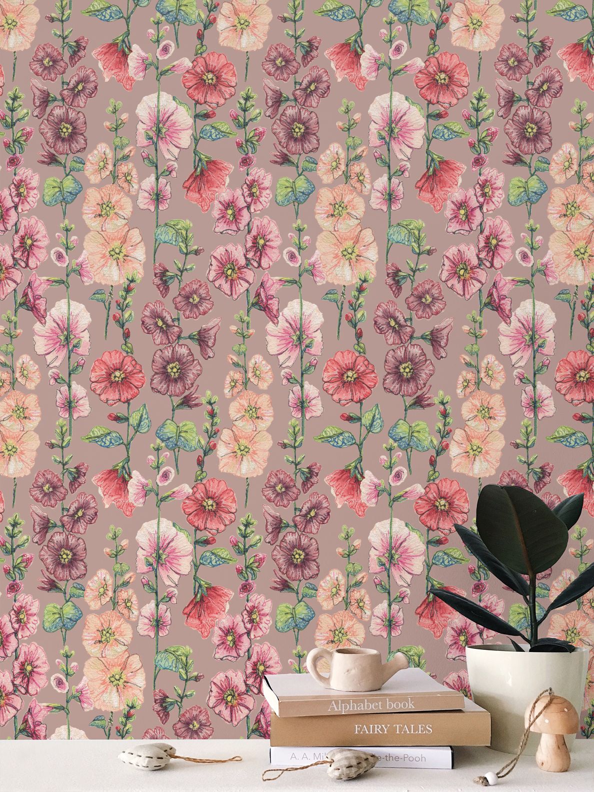 Among The Hollyhocks Wallpaper- Blush Pink Linen