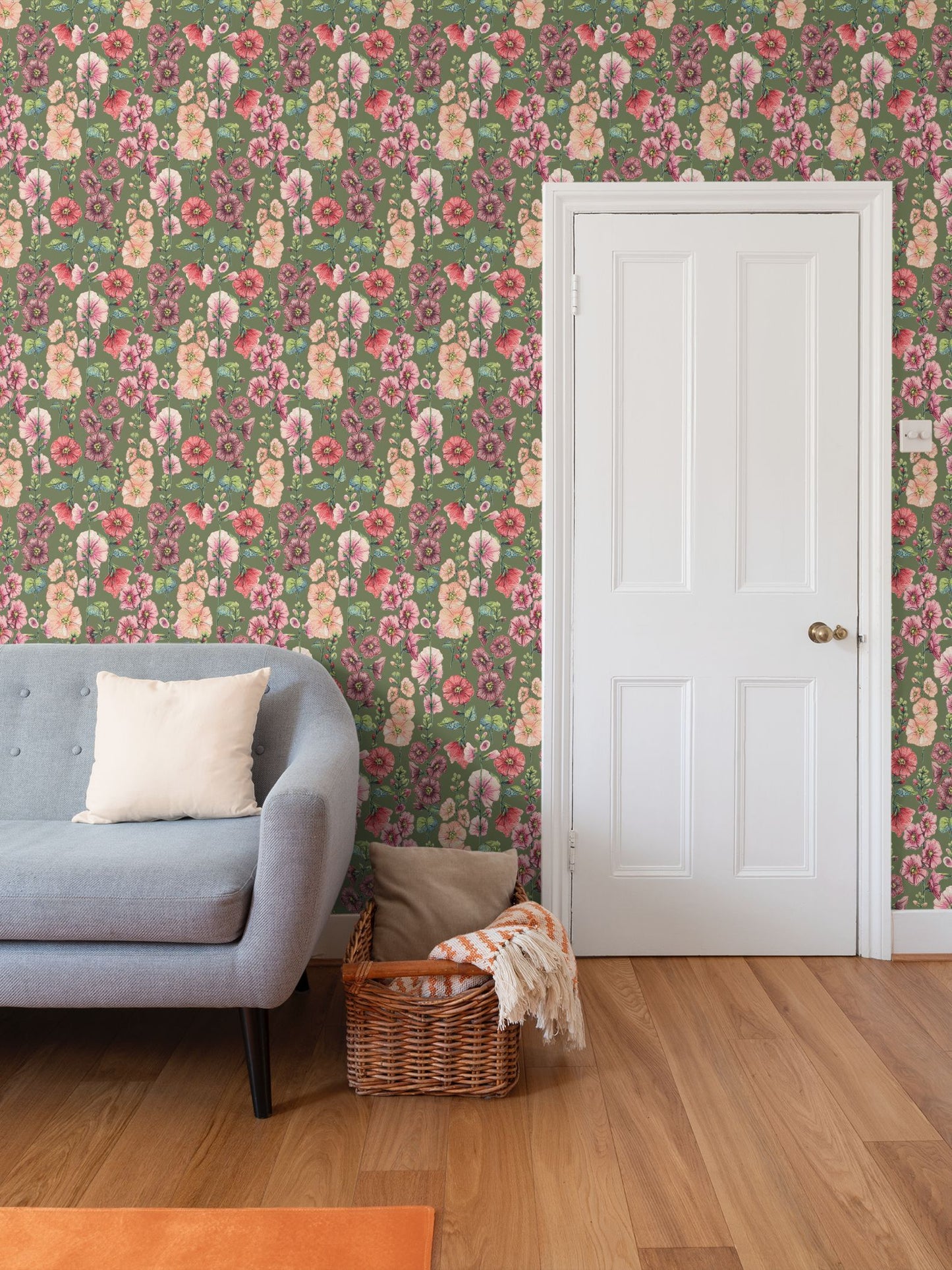Among The Hollyhocks Wallpaper- Mossy Green Linen