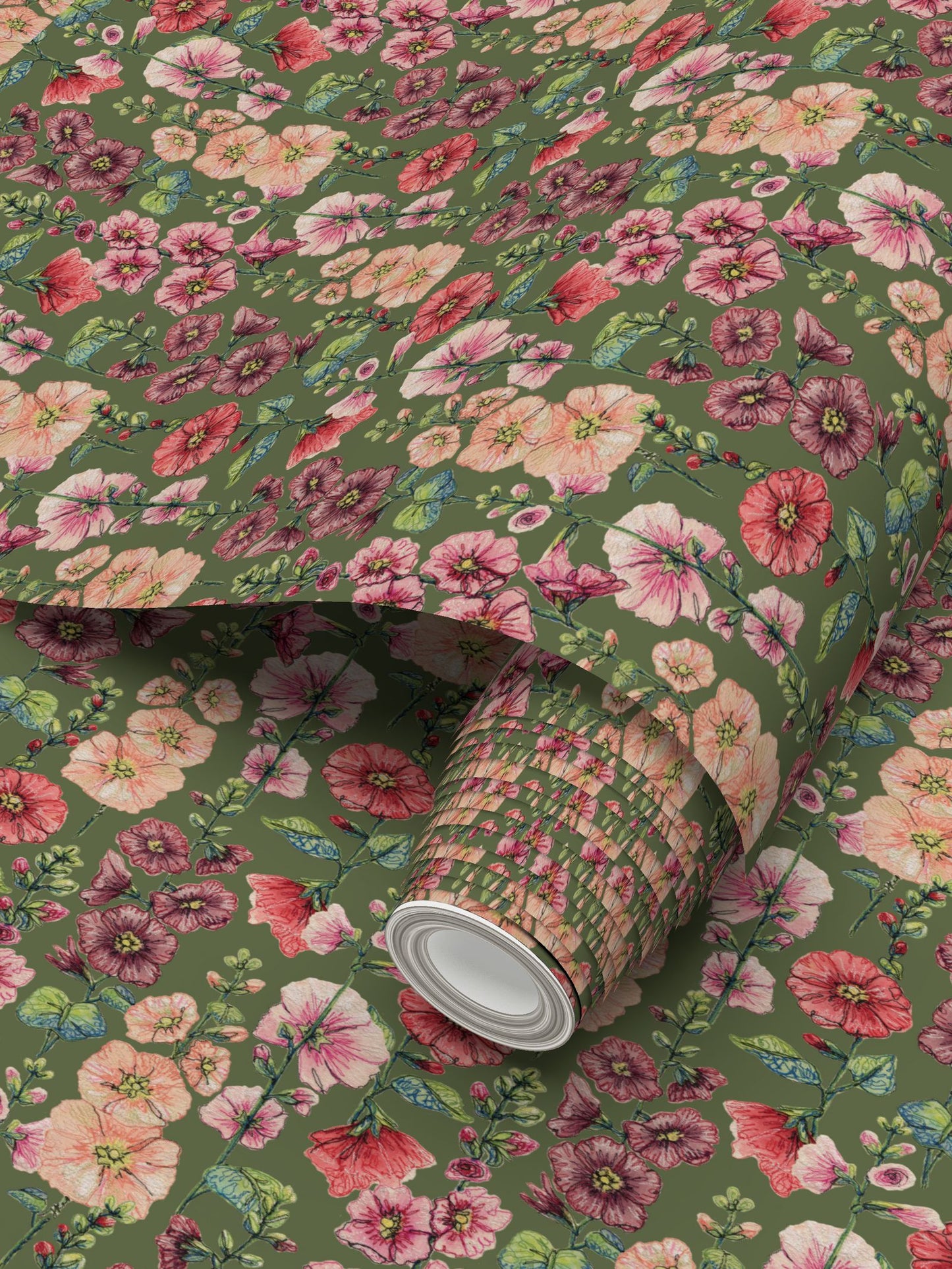 Among The Hollyhocks Wallpaper- Mossy Green Linen