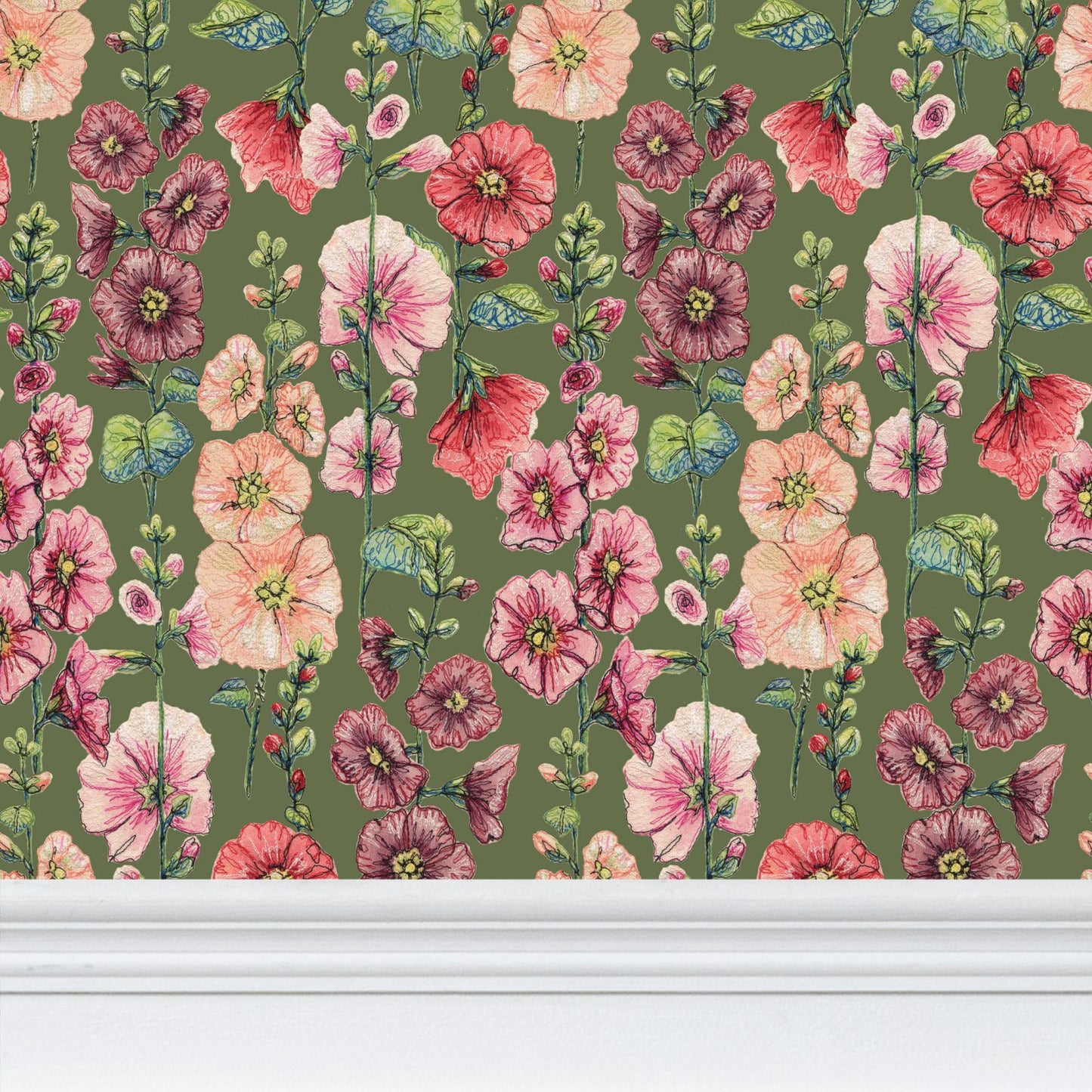 Among The Hollyhocks Wallpaper- Mossy Green Linen