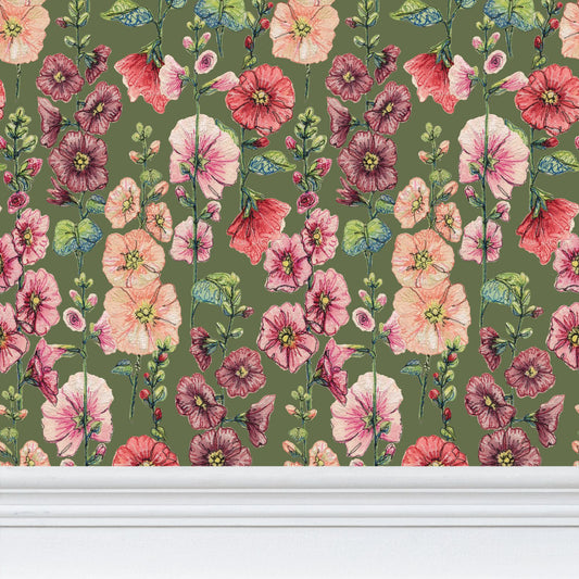 Among The Hollyhocks Wallpaper- Mossy Green Linen