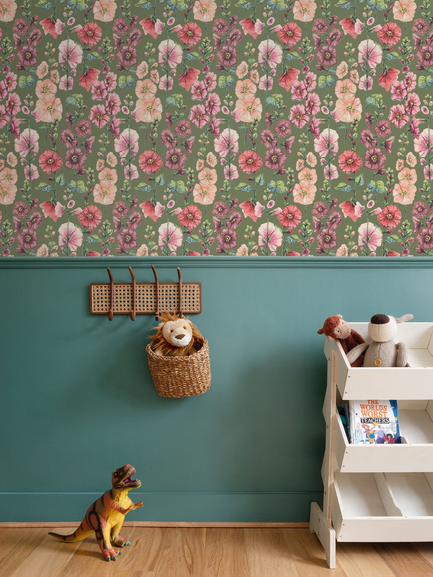 Among The Hollyhocks Wallpaper- Mossy Green Linen