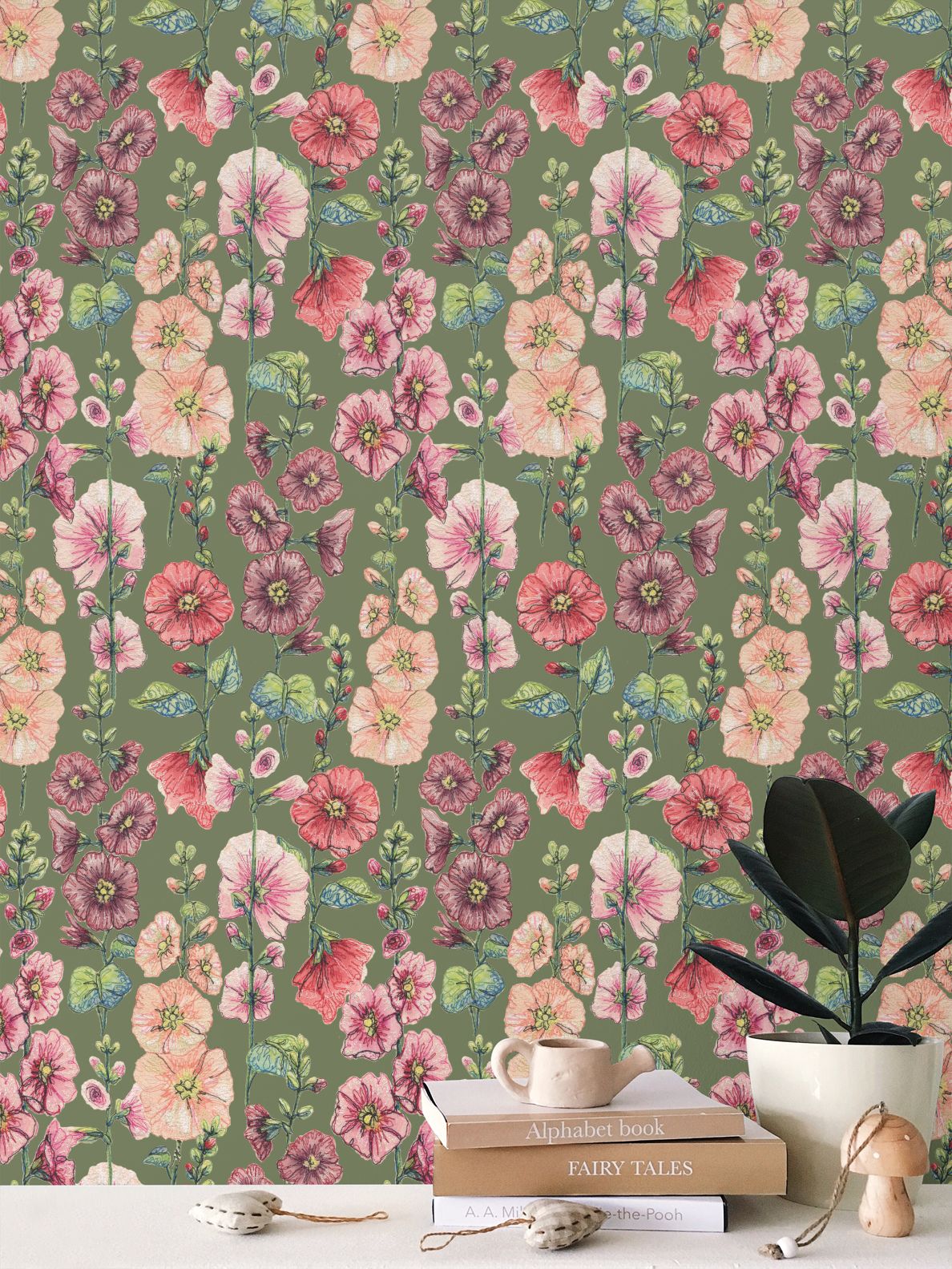 Among The Hollyhocks Wallpaper- Mossy Green Linen