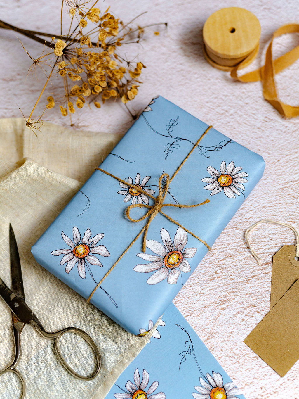 Daisy Chain Blue Linen Wrapping Paper