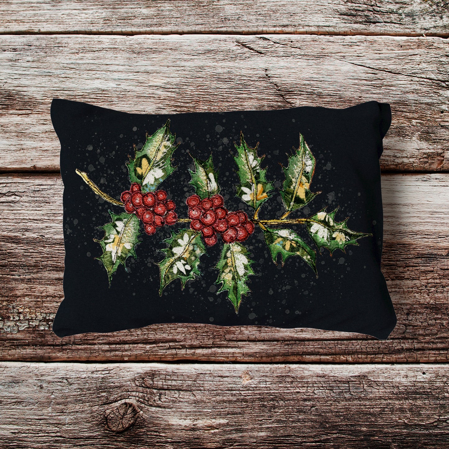 Midnight Holly Velvet and Cotton Cushion