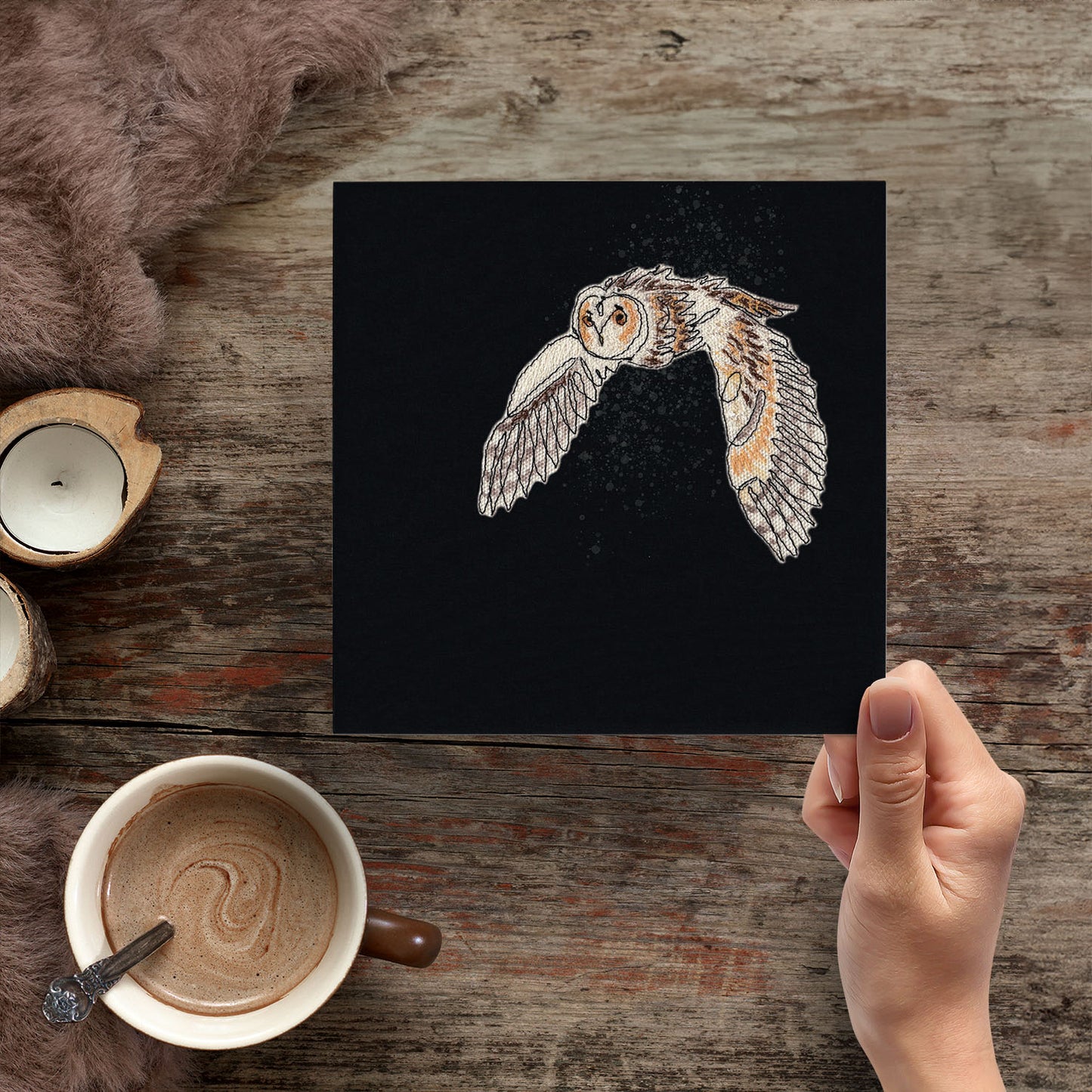 Midnight Long Eared Owl Embroidery Art Card