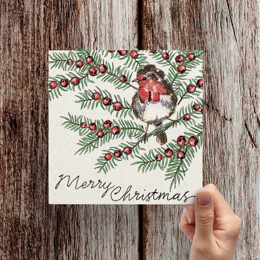 Robin in a Yew Tree Christmas Card