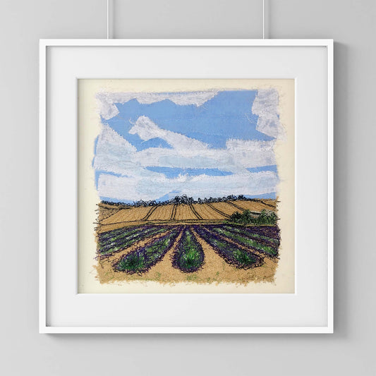 Lavender Fields Textile Art Original Artwork in white frame